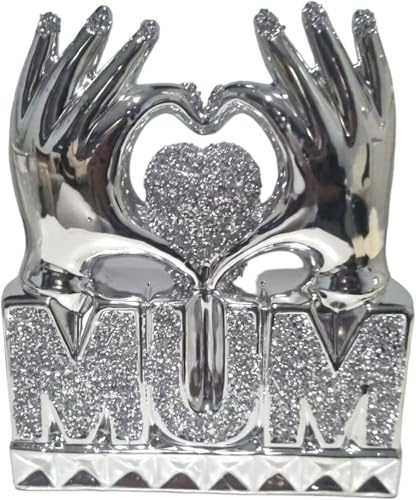 Crushed Diamond Crystal Mum/Dad Heart Hand Ornament, 31 cm, Silver, Home Decor Gift (Silver, Mum)