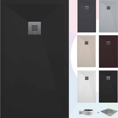 SOULBATH Receveur de Douche -Résine -Gel Coat -Texture Lisse/Pierre -Antidérapant -Couleur Noir - 140x80- Extra plat 3cm. Bonde de vidange incluse - Standard