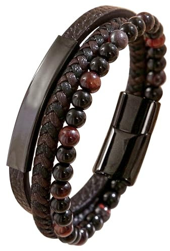 Mochity Lederarmband für Herren 21cm - Edelstahl Armband Schwarz Braun Blau, Perlenkette Armband, Leder Schmuck Geschenke für Männer
