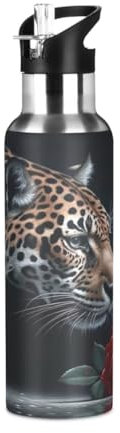 Leopard and Rose - Borraccia termica da viaggio, in acciaio inox, con cannuccia, 907 ml