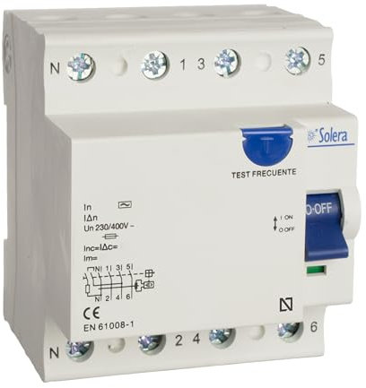 Solera® Interrupteur différentiel 4P 63A 30mA 4 modules (72mm) • Classe AC 6kA • Montage sur rail DIN 35mm • Résistance 960°C • Temp. -5°C/+40°C • Cert. CE UK RoHS • RCB4P6330 (1pc)