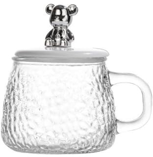 Rocky Green Tasse aus gehärtetem Glas, für Büro und Zuhause, Bären-Design, Tee-/Kaffeetasse mit Deckel, hitzebeständig, transparent, 400 ml (nackte Tasse)