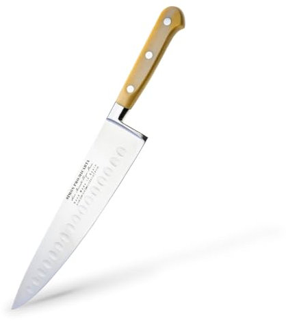 Cuchillo Cebollero Simón PRO Micarta | Hoja Alveolada 25 cm | Acero Forjado Español | Mango de Micarta de Lino | Funda de Piel Negra | Ideal para Verduras y Cortes de Ave