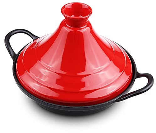Marokkanischer Tajine-Topf aus Gusseisen, Keramik-Auflauf-Tajine-Topf – Marokkanischer Slow Cooker-Topf für zu Hause mit emailliertem Gusseisen und Deckel zum Kochen und Schmoren, Rot