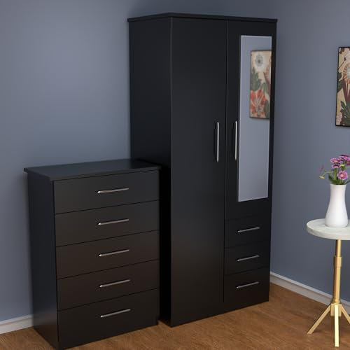 Pre-assembled 2-Piece Bedroom Furniture Set, White, 2-Door Mirrored Wardrobe with drawers and 5-Drawer Chest (Black)
