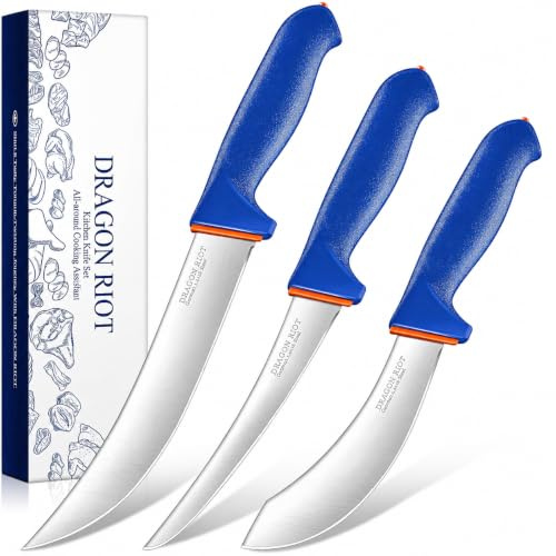 DRAGON RIOT 3 Pcs Butcher Knife Set, Stainless Steel Professional Kitchen Chef Knife with Non-Slip Blue Handle, Heavy Duty Meat Cutting & Trimming Knife Gift for Kitchen Men