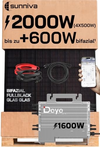 SUNNIVA® 2000W Balkonkraftwerk BIFAZIAL FULLBLACK komplett Steckdose DEYE 1600W Wechselrichter, PV Solaranlage, 4x 500W Glas Solarmodule, inkl. 5m Kabel, Bluetooth WIFI, Komplettset