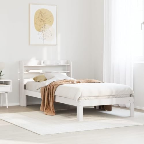 HaoChrymec Bettgestell mit Kopfteil aus Massivholz, Freistehend, Stauraum unter dem Bett, bettrahmen, einzelbett, Für Schlafzimmer & Jugendzimmer, Weiß, 90x200 cm