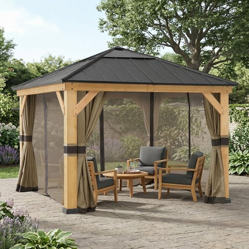 SUNJOY 3,36x3,36m Holzpavillon wasserdicht & winterfest, stabil mit lichtdurchlässigem Dachfenster, Hardtop-Stahldach, 14 cm Pfosten, inkl. Vorhängen & Moskitonetzen, Gartenpavillon für Terrasse &Deck