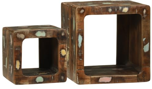 IBUQDDV Rustikale Massivholz Beistelltische aus Altholz Set von 2 Würfeln 36x36x30 cm - Platzsparende Wohnzimmer Tische mit Würfel Design für Dekoration und Ablage