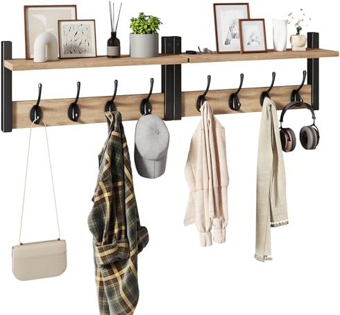 YMYNY Wandgarderobe Holz 2-in-1 mit Ablage, Hell Natur HWS001R-2 | Garderobenleiste Holz mit Ablage, 8 Doppelhaken. Ideal für Wandmontage. Garderobenhaken & Garderobe Wand für Flur & Diele