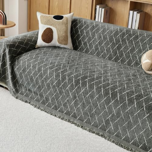 VIVICOZY Kratzschutz Sofa Katze,Chenille Sofa üBerzug Dunkelgrau 180x300cm | Sofaschutz Hund Katze Kratzschutz Couch üBerwurf Waschbar füR Haustiere,Dekorative Rautenmuster SofaüBerwurf füR Wohnzimmer