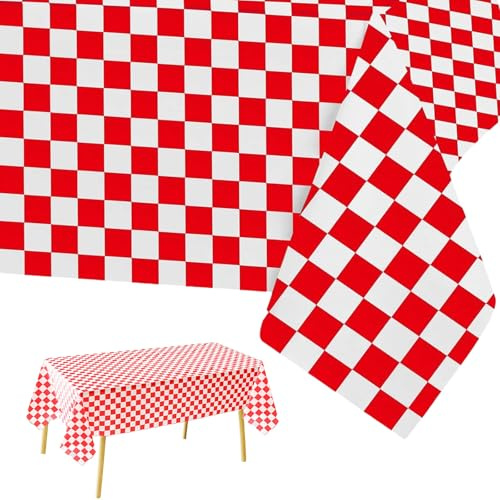 2P Red White Checkered Table Cloth Party,137*274cm Red Xmas Gingham Tablecloth,Kid Adult Red Plastic Table Cover,Large Rectangular Christmas Table Cloths for Parties BBQ Picnic Birthday Wedding Party