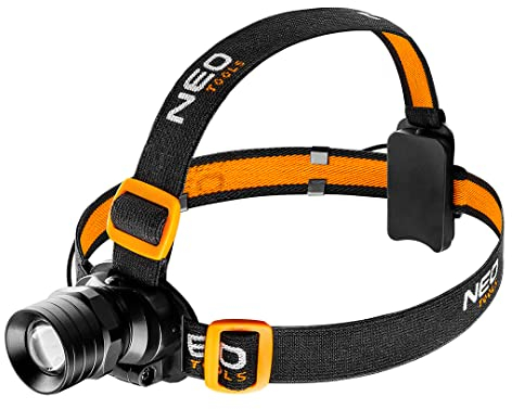 NEO TOOLS Stirnlampe 3 Wat Cree XPE 250 Lumen, zoom, Aluminumgehäuse, 3xAAA, Verstellbarer Lichtwinkel, Laufzeit bis zu 5 Stunden, 3 verschiedene Modis - 100% / 50% / Blinksignal