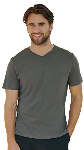 DANISH ENDURANCE Camiseta de Algodón Orgánico para Hombre de Manga Corta, Cuello Redondo o en V…, Cuello en Pico - Gris, S