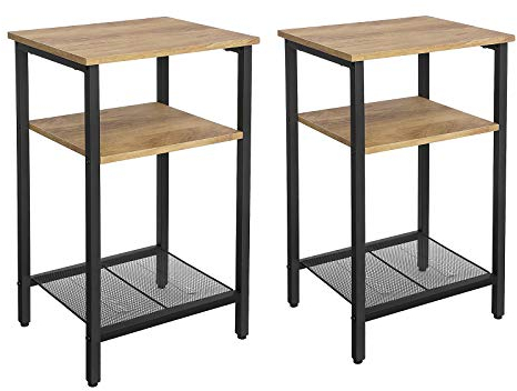 VASAGLE Beistelltisch-Set, 2 Stück Nachttische, kleine Sofatische, Schlafzimmer, Wohnzimmer, einfacher Aufbau, stabil, Stahlgestell, Industriestil, honigbraun-schwarz LET201B15
