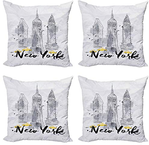 ABAKUHAUS Aquarell Dekokissen Kissenbezug 4er Pack, New York Skizze-Kunst, Modern Accent Doppelseitiger Digitaldruck, 40 x 40 cm, Schwarz
