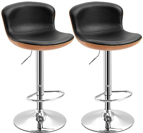 HOMCOM 2er-Set Barhocker mit Fußstütze, Barstuhl mit Rückenlehne, Bistrohocker, Esszimmerstuhl höhenverstellbar drehbar, Kunstleder, Schwarz, 46 x 53,5 x 85-106 cm