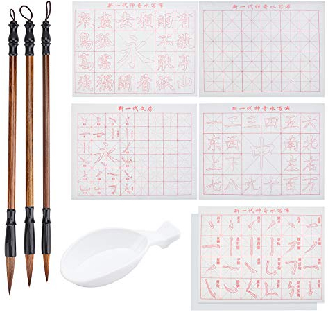 PH PandaHall 10pcs Ensemble de Calligraphie Chinoise Sans Encre, Papier de Tissu d'écriture de l'eau de Brosse Quadrillée avec des Pinceaux de Calligraphie Traditionnelle Chinoise et un Bol d'eau