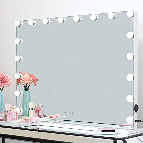 iCREAT Hollywood Spiegel Schminkspiegel mit Beleuchtung 18 Glühbirnen 3 Lichtfarben Dimmbar Wand Tischspiegel professioneller Theater Spiegel für Make-up Lover 80x60 cm