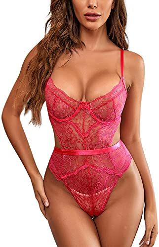 EVELIFE Body Damen Sexy Dessous Bodysuit BH mit Bügel Overall Reizwäsche Negligee Spitze Unterwäsche Babydoll Lingerie (Rose Rot, M)