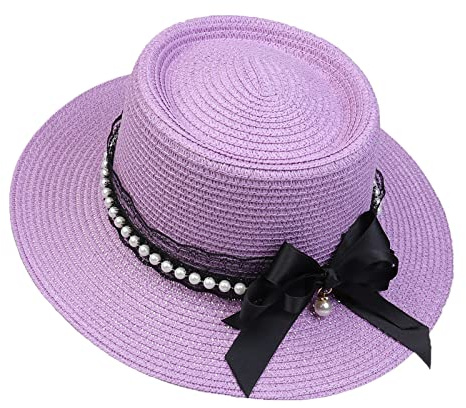 JK Home Panama Eté Femme Chapeau de Soleil avec Nœud de Papillon Capeline Large Bord pour Plage Mariage Camping Violet