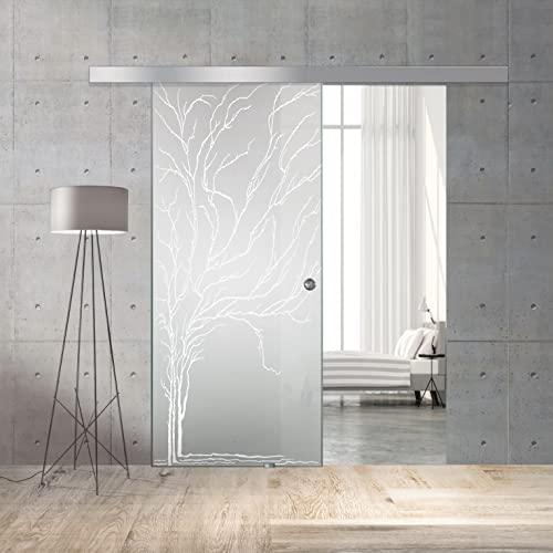 BOSS Porta Scorrevole in vetro modello TREE 60x215 cm (60/80/90 cm) 8 mm, vetro Satinato, Nano rivestito bianco, kit hardware complete (60x215 cm, SINISTRA)