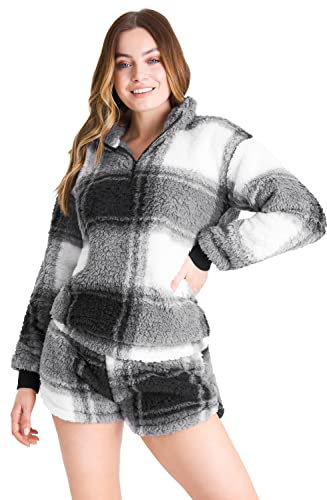 CityComfort Pyjama Polaire Femme Vêtements de Nuit Femme et Ado Ensemble de Pyjama Femme Doux et Chaud Idée Cadeau pour Elle (A Carreaux, L)