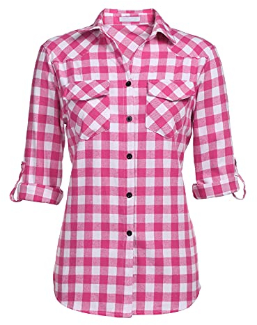 UNibelle Damen Kariert Bluse Langarm Hemd Knopfleiste Trachtenbluse Casual Hemdjacke Oktoberfest Hemden V-Ausschnitt Karohemd HolzfäLlerhemd Trachten Oberteile Rosa-B XL