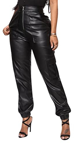 Onsoyours Pantalon Femme en Simili-Cuir Effet Push Up Pantalon Slim Noir en Similicuir pour Femmes avec Leggings Femme Jean Slim Pantalon en Cuir pour Femmes Skinny Stretch A Noir M