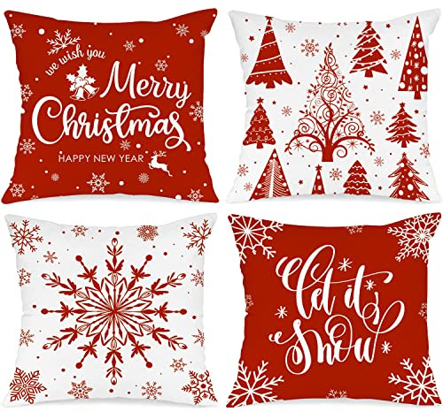 Lanpn 4 Stück Weiß und Rot Kissenbezug Weihnachten Kissenhülle 50x50 cm, Winterliche Schneeflocken Dekorative Weihnachtskissen für Weihnachtsdeko Christmas Bettwäsche Sofa Decorations (Rot)