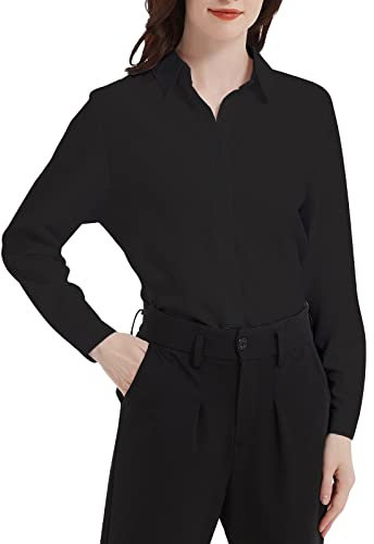 Zahala Battery Womens Button Down Long Sleeve Shirt Plain Work Office Formal Wear Slim Fit Business Shirts(Black,2XL)