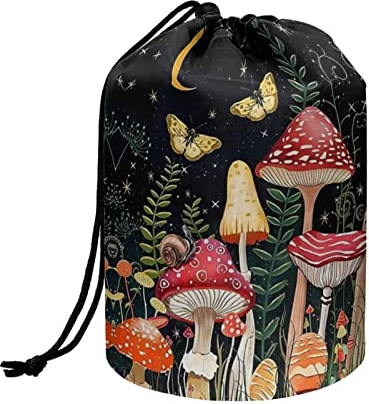 chaqlin Mushroom Butterfly Drawstring Cosmetic Bag Women Girls Portable Cosmetic Pouch Bag Drawstring Travel Cosmetics Wash Bag Teens Adult Bucket Toiletry Bag Mushroom Theme