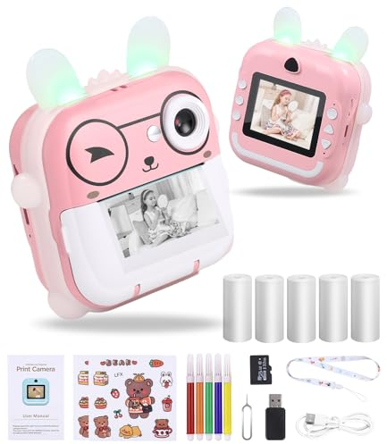 heuchaey Camara Fotos Infantil, Cámara Instantánea para Niños,2.4' HD con Tarjeta SD de 32GB,Bolígrafos de Colores y Papel de Impresión,Cámara Digital Regalos para Niños y Niñas 3 a 12 Años