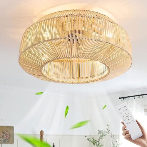 Ventilatore Da Soffitto Con Illuminazione E27 Ventilatore Da Soffitto Vintage in Rattan Di Bambù Con Telecomando Lampada Da Soffitto Silenziosa Con Ventilatore 6 Velocità Soggiorno Sala Da Pranzo