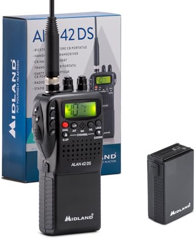 Midland Alan 42 DS CB Radio Senza Licenza, Portatile AM/FM, Multibanda per Paesi EU, Presa Accessori 2 Pin, Squelch Digitale & PB42 Batteria Lithium 2800mAh