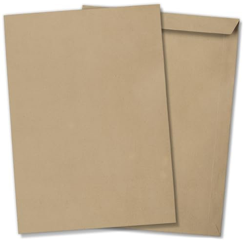 100 x Briefumschläge ohne Fenster DIN C4 für A4 (229 x 320 mm), gerade Klappe, selbstklebend, braun, 110 g/qm Bewerbung und Dokumente