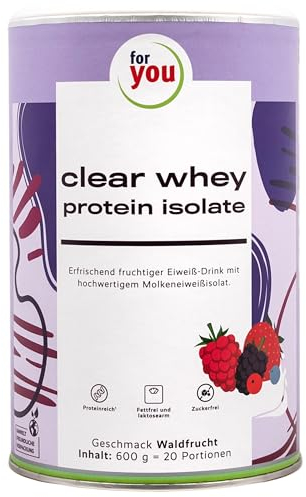 for you clear whey protein isolate waldfrucht - 600 g (20 Port.) - Hoher Eiweißanteil 93%, laktosearm, glutenfrei, sojafrei - Eiweiß trägt zum Aufbau & Erhaltung von Muskelmasse & normalen Knochen bei