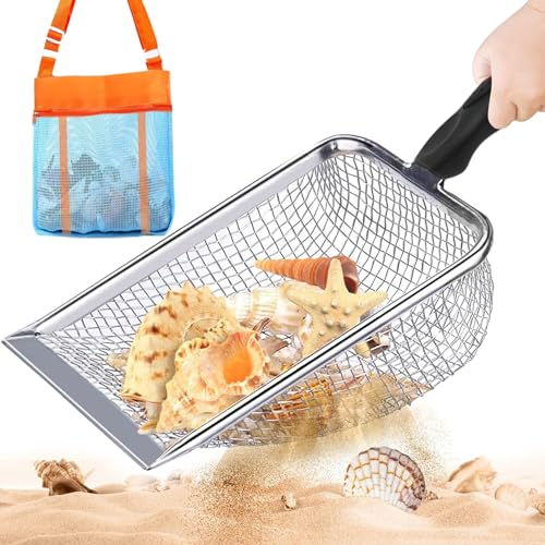 SOETDERT Pala de arena para niños, pala de red de playa con bolsa de playa, bolsa de juguetes de arena para coleccionar, pala de filtro de metal, juguete de playa para niños y niñas para recoger