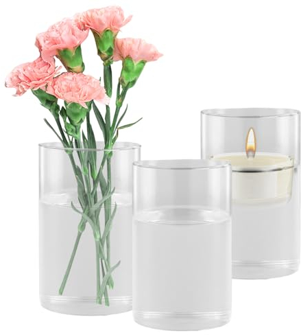 3 Stück Kerzenhalter Glas Glasvase, Windlicht Glaszylinder für Kerzen, Vase Glas Blumenvase, Stumpenkerzen Schwimmkerzen Kerzenglas, Kerzenständer für Wohnzimmer Hochzeit Tischdeko (9.5x15cm)
