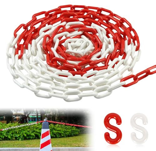 Absperrkette Kunststoffkette 10m x 6mm Rot Weiß Warnkette Plastikkette Kunststoff-Gliederkette für Warnsicherheit Parkplatz Bau Absperren Massenkontrolle Verkehr Warteschlangen