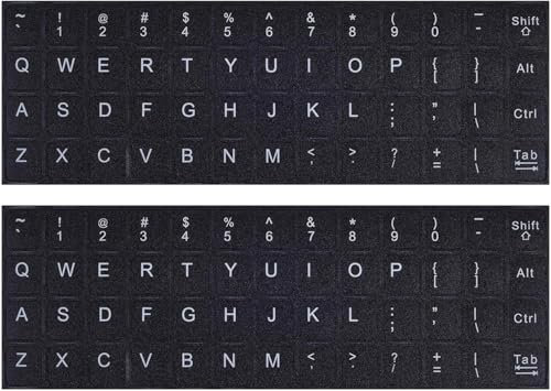 2PCS English Keyboard Stickers, Universal Keyboard Letters Replacement Sticker White Font on Black Background for Computer Laptop Notebook Desktop, Matte Keyboard Alphabet Stickers