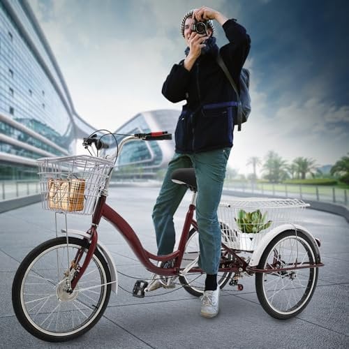 Hanmorfarbi 20 Zoll High Carbon Stahl Dreirad, 6-Gang Pedal Erwachsenenfahrrad, 100kg Leichtes Dreirad Mit GemüSekorb Und Hinterem Korb, Vordere Und Hintere Trommelbremsen (Rot)