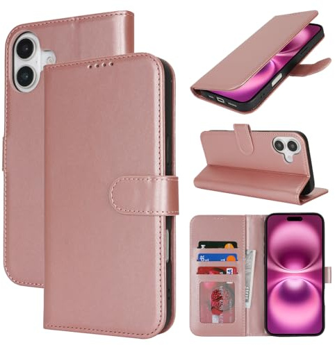 Zouzt Hülle für iPhone 16 (6,1), Premium PU Leder, Roségold | Handyhülle mit Kartenfächern, Magnet Klapp Schutzhülle, Stoßfeste TPU-Innenhülle, Frauen Männer, Leather Wallet Phone Case