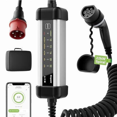 ECOPOINT 3-Phasen Mobile Wallbox 22kW mit APP, Typ 2, Aluminiumgehäuse, 5 m Ladekabel, EV Ladegerät mit CEE Stecker, IP66 Wasserdicht, Ladestation für alle EVs und PHEVs (10-32A, Spiralkabel)
