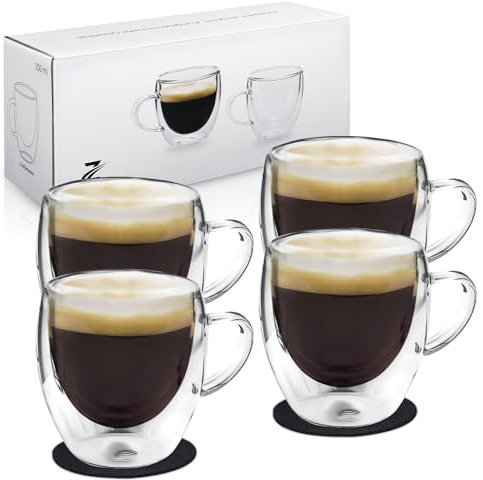 Zobel Espressotassen 80ml | 4er Set doppelwandige Espressogläser aus Borosilikatglas inkl. Filzuntersetzer | Spülmaschinenfest & hitzebeständig | Schwebeeffekt