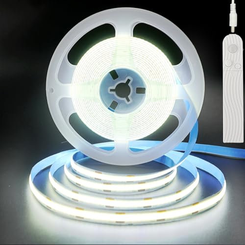 Clearhill 5V Motion Sensor COB LED Strip Lights,Time-Delay Adjustable,Two Power Supply Ways,Battery Powered(no Battery),3.28FT/1M,Cool White 6500K,320LEDs/M,8mm Width,for Kitchen Cabinet
