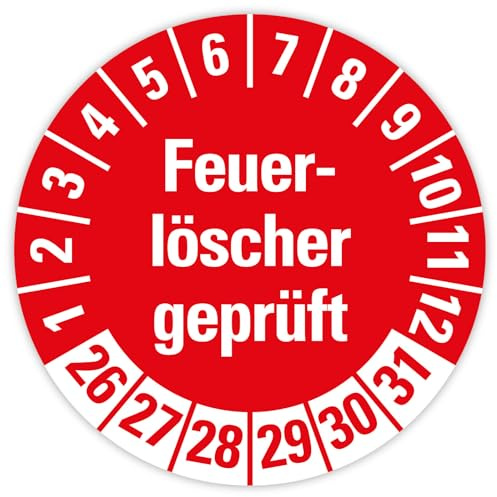 25x Prüfplaketten „Feuerlöscher geprüft 2026-2031 auf Bogen Folie, Rot | Ø 20-30 mm Made in Germany, Größe: Ø 30 mm