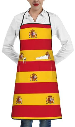 HDSKFNS Delantal de cocina con estampado de bandera española con bolsillo para cocina, jardinería y salón de belleza