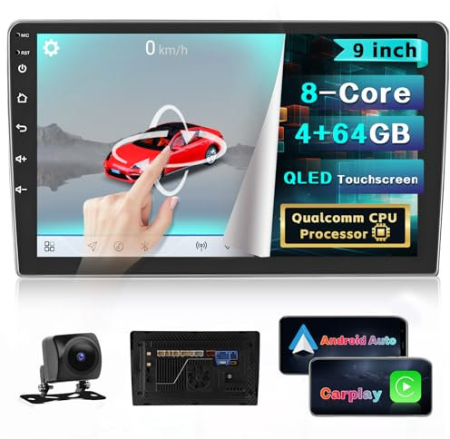 Inefala 8Core 4G+64G Radio Coche 2 DIN, Chip Qualcomm Snapdragon Android 15 Integrado, Wireless Carplay Android Auto, 9 Radio 2 DIN Bluetooth con GPS WiFi DSP RDS/FM Cámara Trasera Mic
